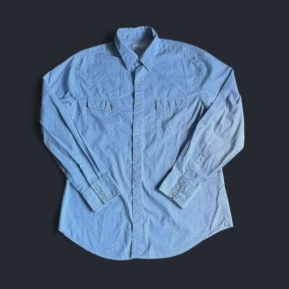 Wrangler Pearl Snap Shirt Mens XL Diamond Geometric Western Blue White